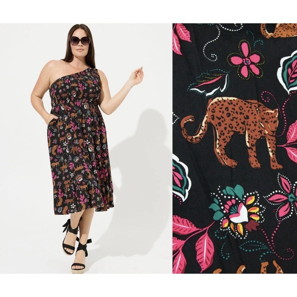 Torrid One Shoulder Dress 2/2XL Smocked Black Pink Floral Cat Leopard Print Midi